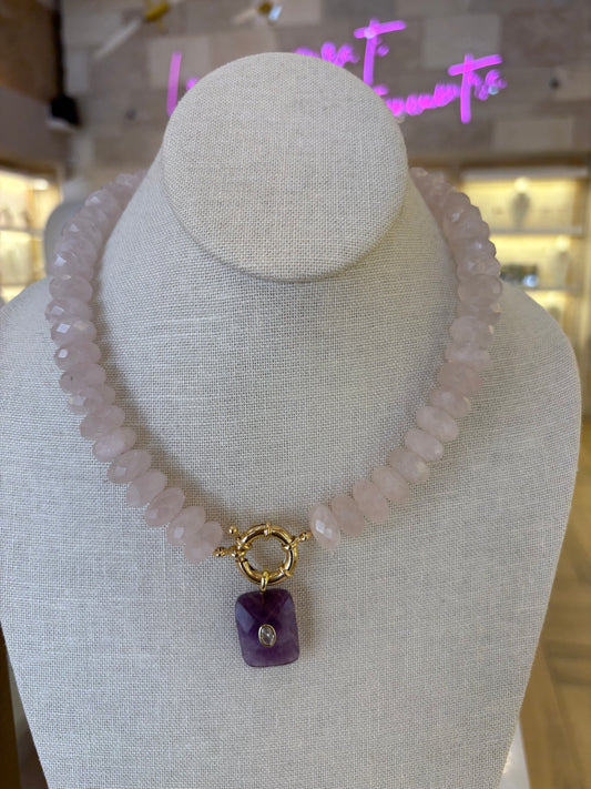 Capri Rose Quartz Necklace with Amethyst Pendant