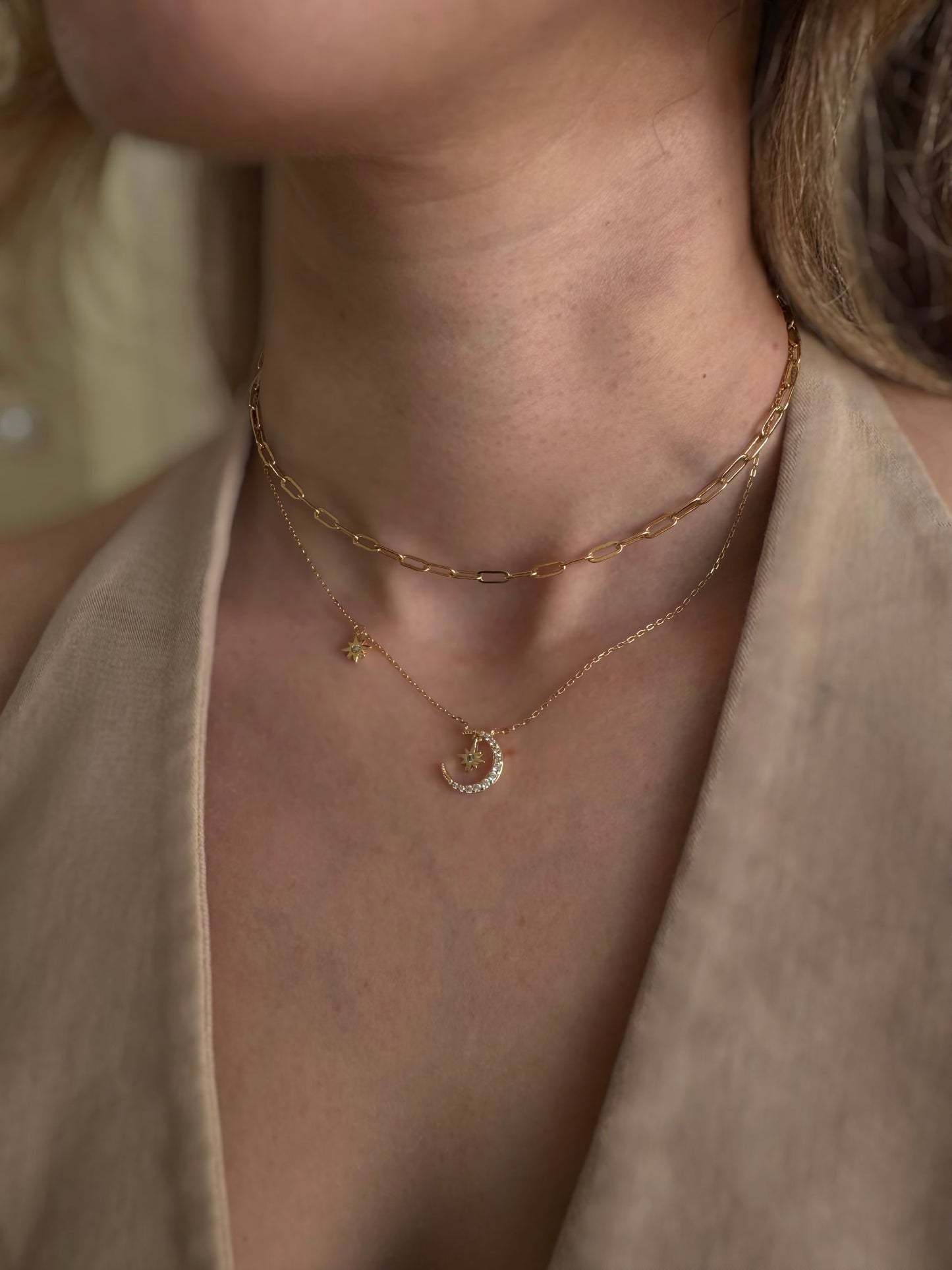 Moon Double Star Gold Necklace