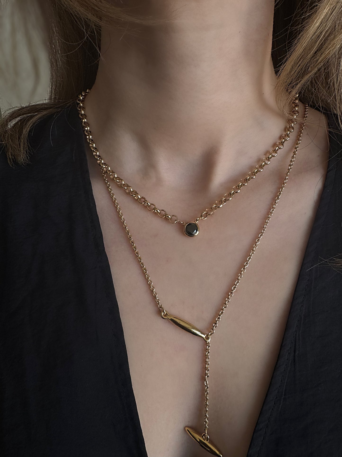 Round Black Solitaire Necklace | Onyx Pendant in Gold