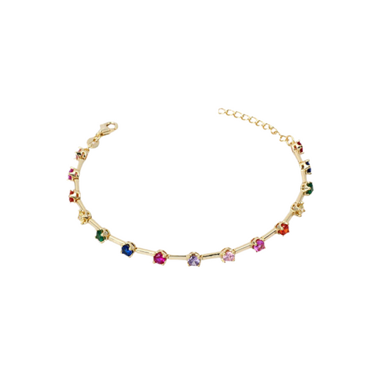 Be the life of the party with our RAINBOW SERENA BRACELET! 
Colorful and trendy, this bracelet will add a pop of fun to any outfit. Show off your playful side with this vibrant accessory.
Material: Sterling silver .925 + 18K gold plated
Measurements: 6.15 + 1 in