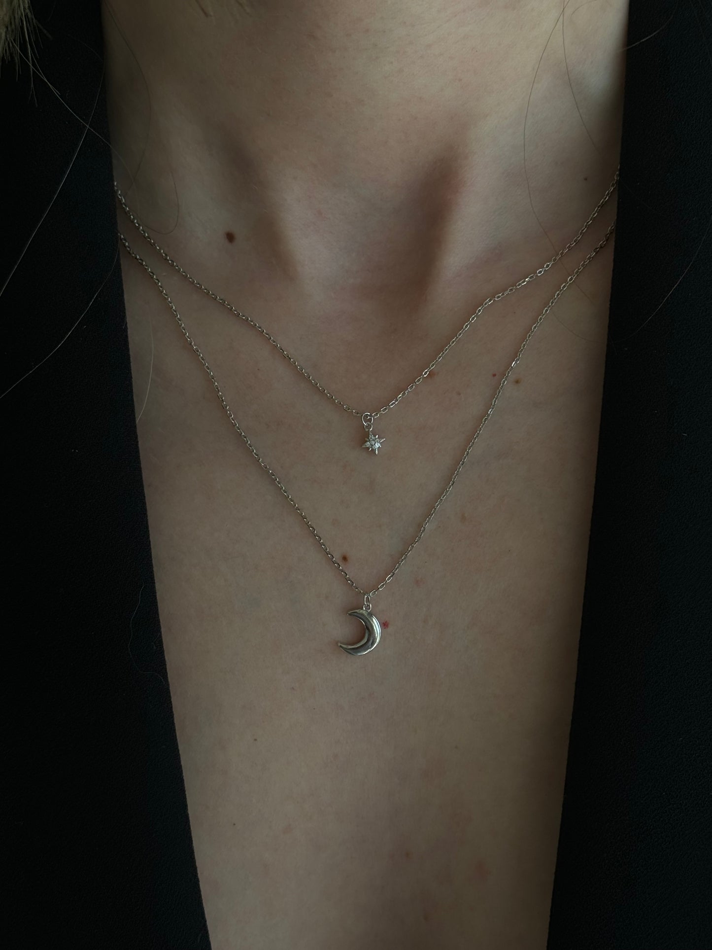 Shimmer in style with our DOUBLE LAYER SUN AND MOON SILVER NECKLACE.
A playful way to embrace the power of manifestation affirmations, this necklace features a double layer design with a sun and moon charm.
Perfect for adding a touch of whimsy to any outfit!
Unleash the power of your YOUniverse… and look HOT doing it.
Material: 925 Sterling Silver
Measurements: 15.60 in
Height between layers with pendant: 1.80 in
