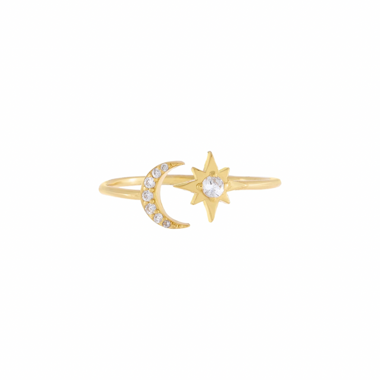 This MOON AND STAR RING combines celestial elements to create a unique and elegant accessory. Crafted with precision and detail, this ring is sure to catch the eye and add a touch of sophistication to any outfit. Made with quality materials, this ring is the perfect affirmation of your personal style. Unleash the power of your YOUniverse… and look HOT doing it. Material: .925 Sterling Silver + 14K gold plated Adjustable