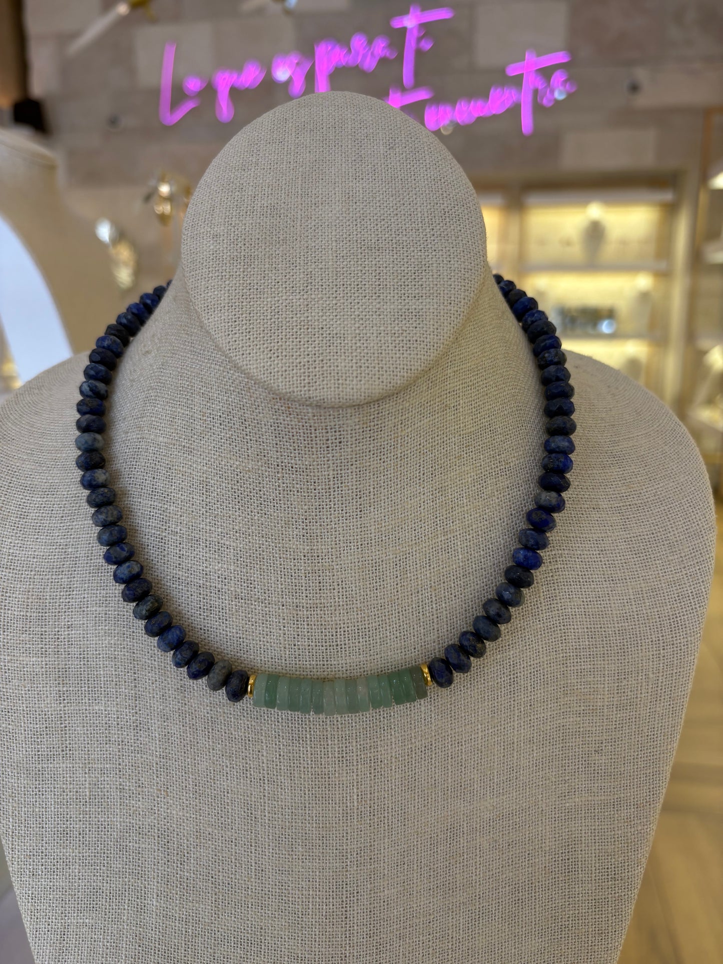 Santorini lapis and aventurine beaded necklace with gold-plated rings