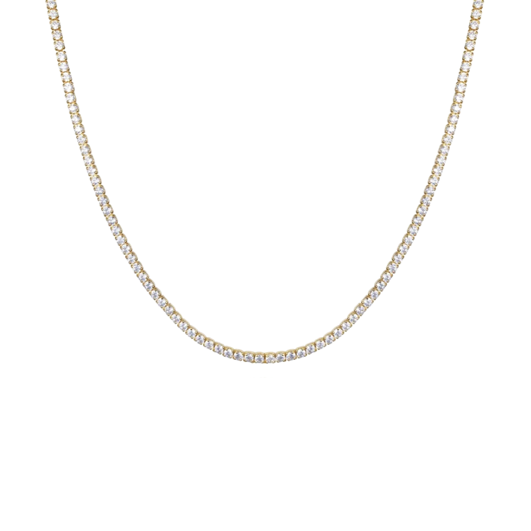 Elevate your jewelry game with our TENNIS GOLDEN NECKLACE! This classic trend will add a touch of elegance to any outfit. A must-have accessory for any fashion-forward individual.
Classic, classic, classic. Everyone needs the perfect tennis necklace in their layering game.
Material: Sterling silver .925 + 18K gold plated
Measurements: 16.5 in thickness: .10 in