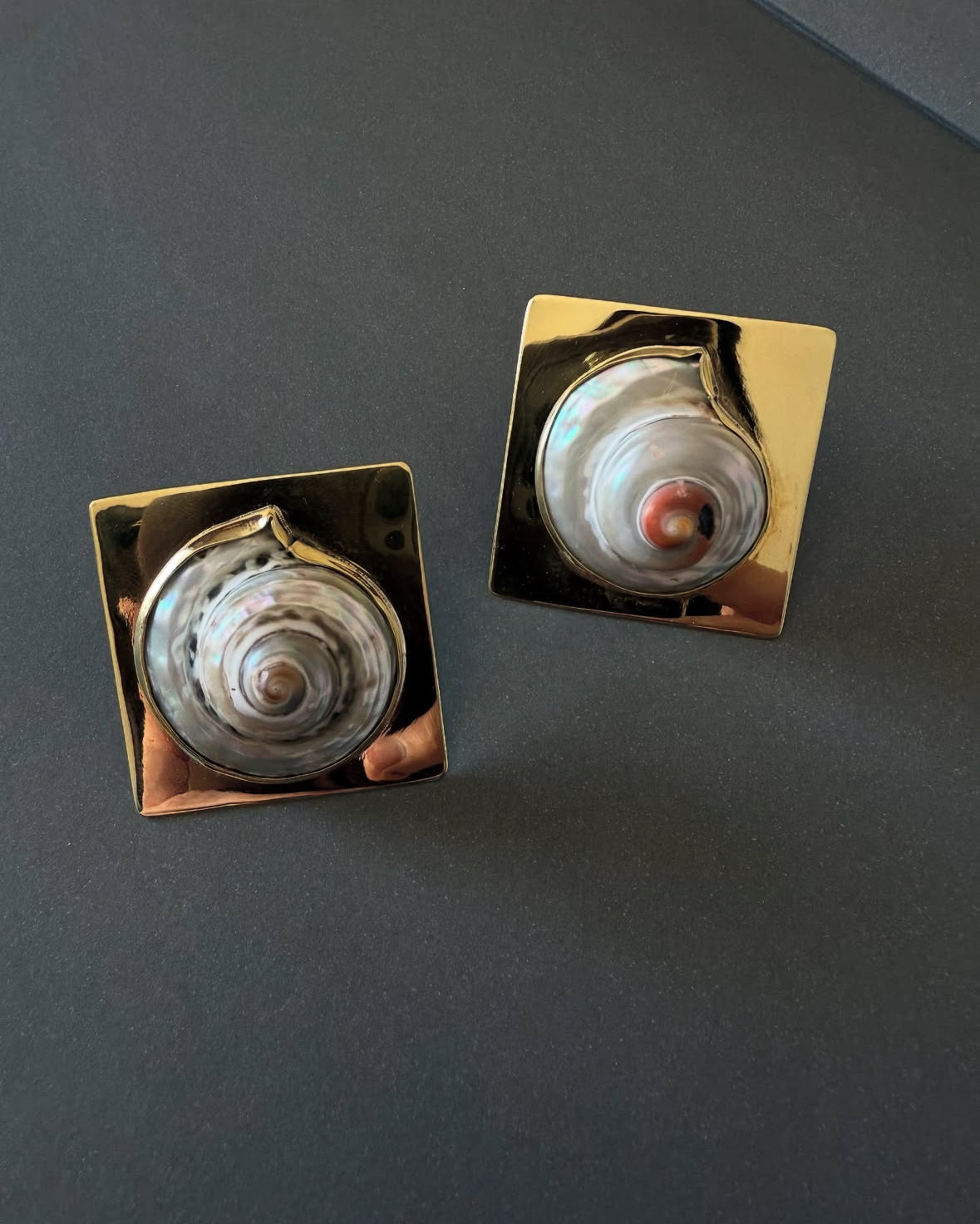 Square- Shaped Shell earrings with glossy gold finish and coastal design