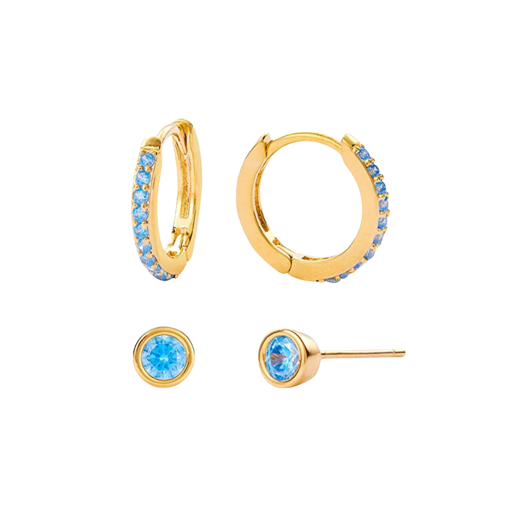 Celebrate your special day and month with our March Birthstone Set!
This beautiful set includes a stunning hoop and earring duo featuring the vibrant March birthstone. Add a touch of personalization to any outfit with this set, perfect for any March birthday or special occasion.
Makes a great gift for yourself or someone special.
Material: Sterling silver .925 + 18K gold plated
measurements: 10mm hoop and 6mm stud