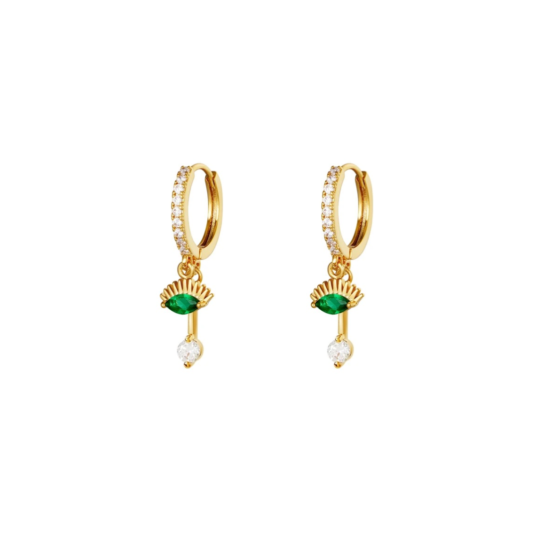 The dazzling evil eye lashes green hoops color and unique design will bring you luck. (Wink, wink.)
Material: .925 Sterling Silver + 14K gold plated
Measurements: .50 in diameter height: .90 inch