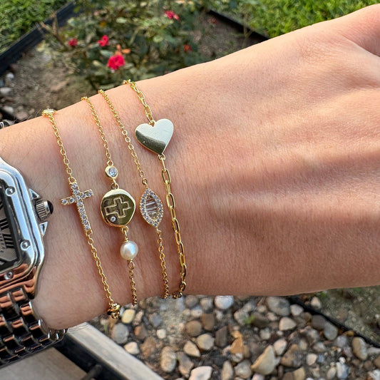 Cross Medallion & Pearl Gold Bracelet
