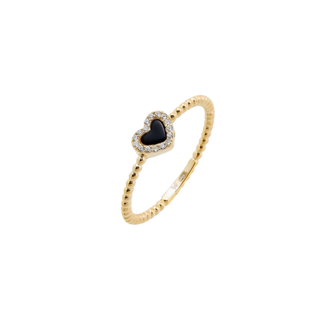 With a charming heart-shaped onyx stone, this ring is sure to make your loved one smile. Show your affection with this unique and playful piece. (Seriously, it's adorbs.)
Perfect for everyday wear or a special occasion, it's a lovely addition to any jewelry collection. Plus, it goes with everything!
Material: .925 Sterling Silver + 14K gold plated