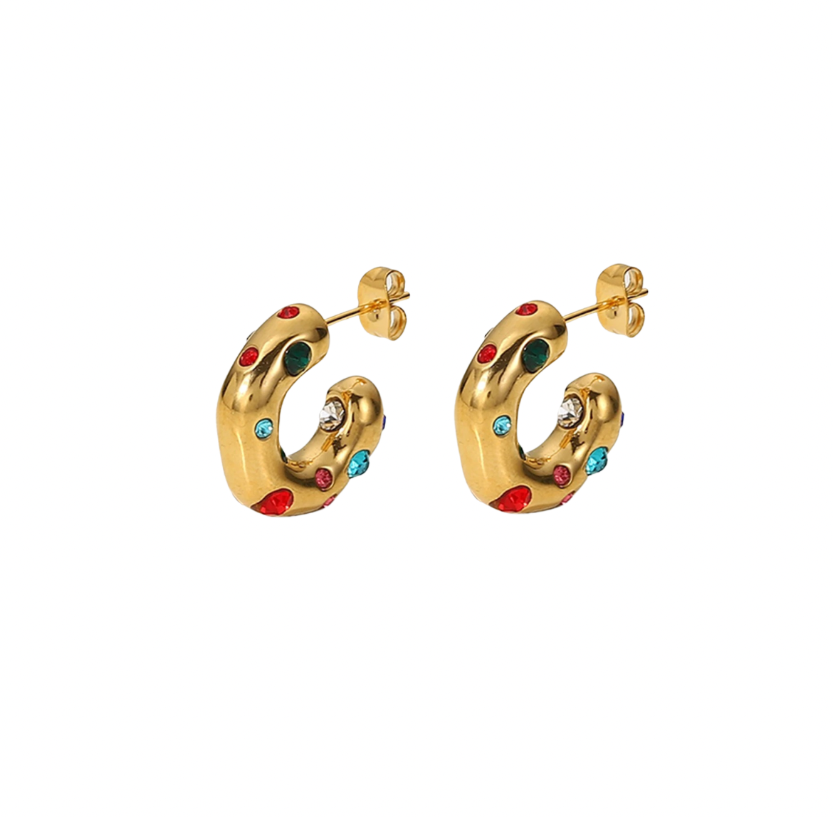 Experience a vibrant addition to your jewelry collection with our IRREGULAR RAINBOW HOOPS. Each earring features a unique, colorful design that is sure to make a statement. Made with high-quality materials, these hoops are both stylish and durable. Elevate your look with these one-of-a-kind accessories.
thick hoop earrings the most in-demand and chunky style
Material: Stainless Steel + 18K gold plated
Measurements: .75 x .65 in