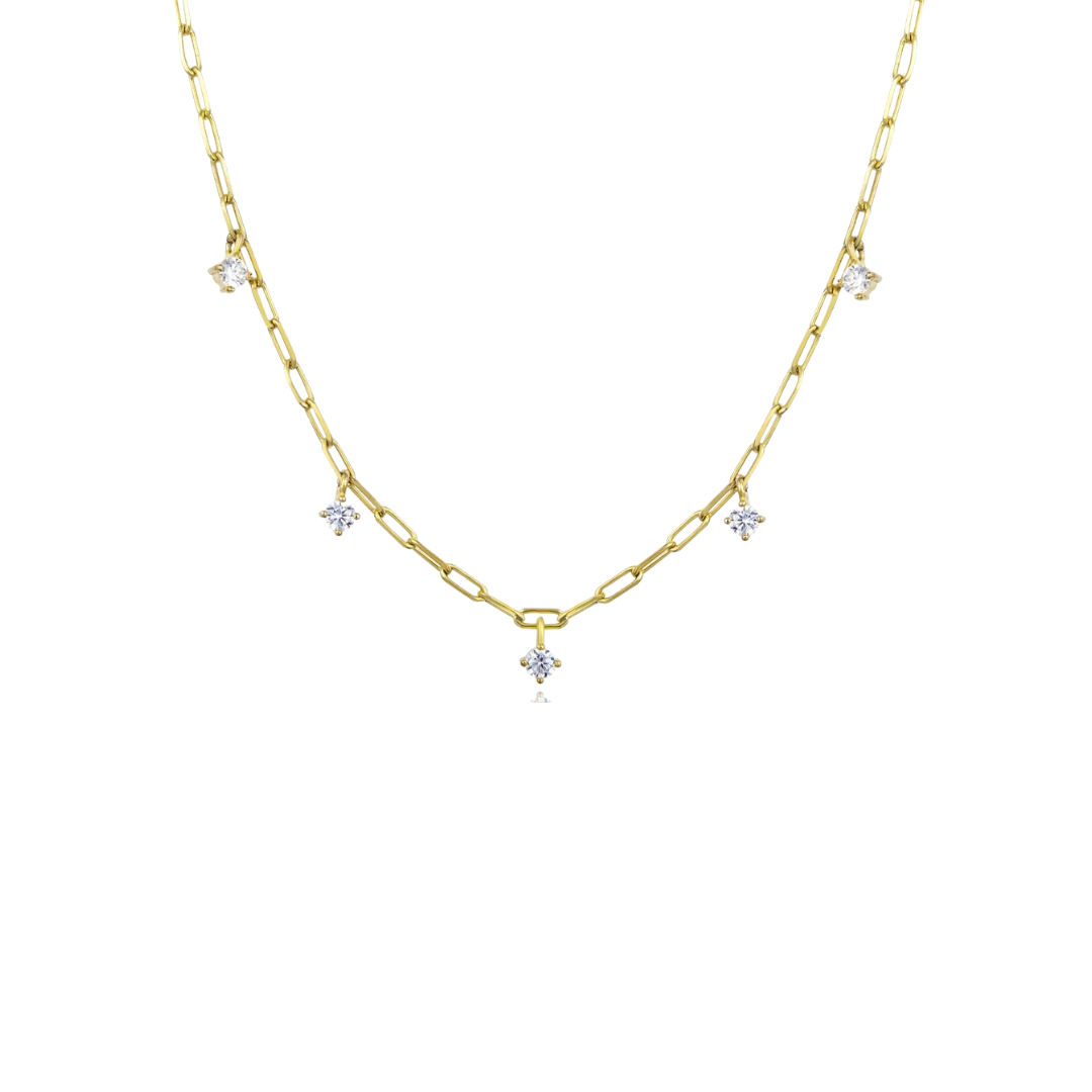 Add some spark to your outfit with the Figaro Spark Necklace. This unique necklace brings a touch of fun to any look. 
Get ready to turn heads and make a statement with this playful accessory.
Warning: may cause excessive compliments
Material: Sterling silver .925 + 18K gold plated
Measurements: 15 in + 2 in pendants: .15 in