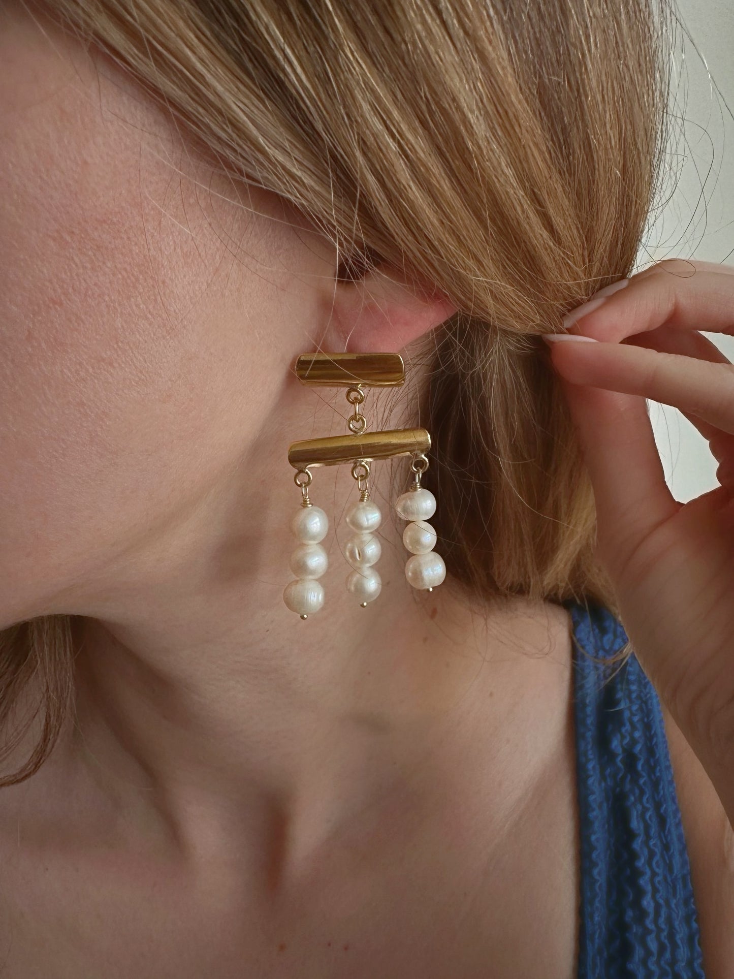 Triple Pearl Drop & Gold Earrings