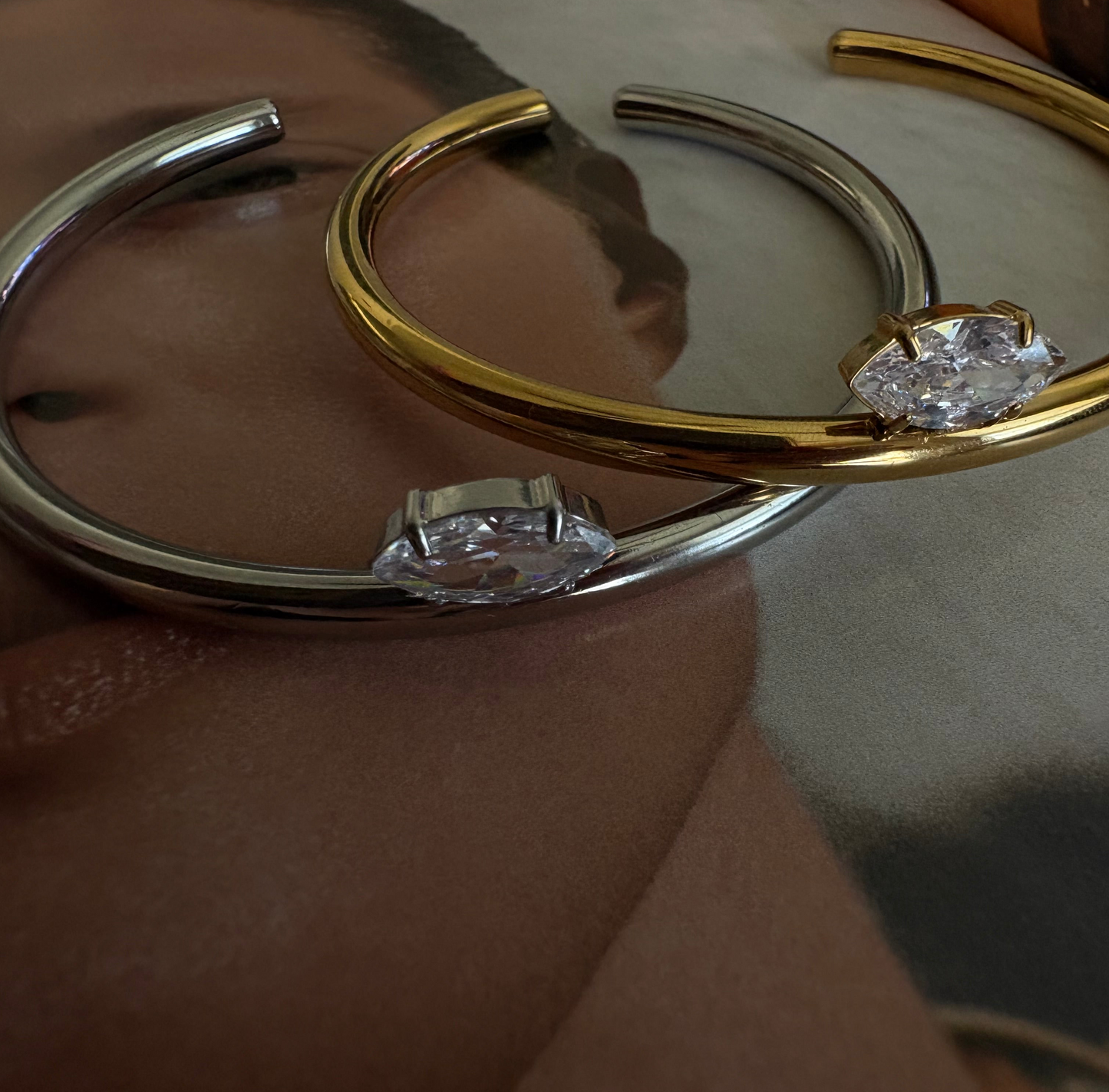 Luna gold marquise cuff bracelet lifestyle shot