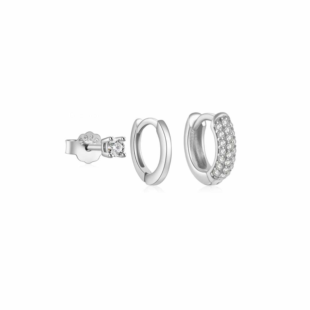 Illuminate your look with our Glimmer Silver trio Set, designed for the pierced woman who loves to sparkle. This trio set includes everything you need for a shining and sophisticated style upgrade. Perfect for any occasion, let our glimmering pieces bring out your unique beauty and confidence.
Material: 925 Sterling Silver
Measurements:
Sparkle stud: .09 in diameter
Plain hoop: .40 in diameter
sparkle hoop: .45 in diameter