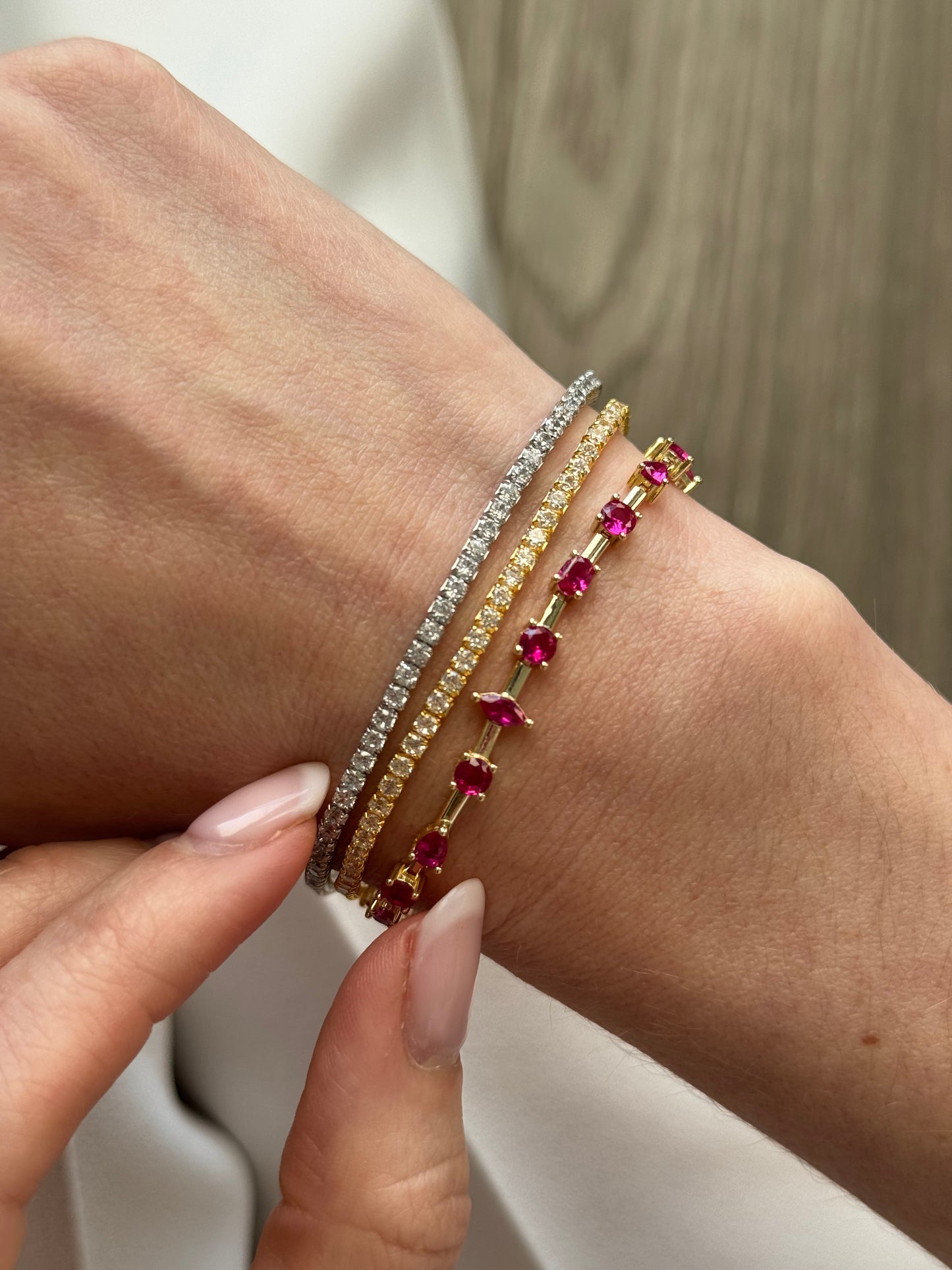 Hit the fashion court with our trendy yet classic Tennis bracelet. Serving up a chic look that will elevate any outfit, this necklace is sure to be a smash hit. Durable and stylish, it's a grand slam of a piece.
A classic everyone needs the perfect tennis bracelet in the stacking game.
Material: .925 Sterling Silver + 18K gold plated
Measurements: 6.5 in + 1.00 in