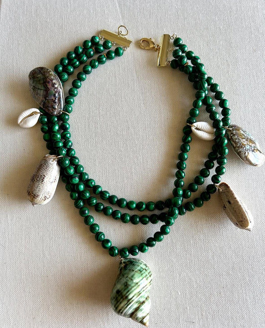 Malachite and shell bead necklace with gold accents