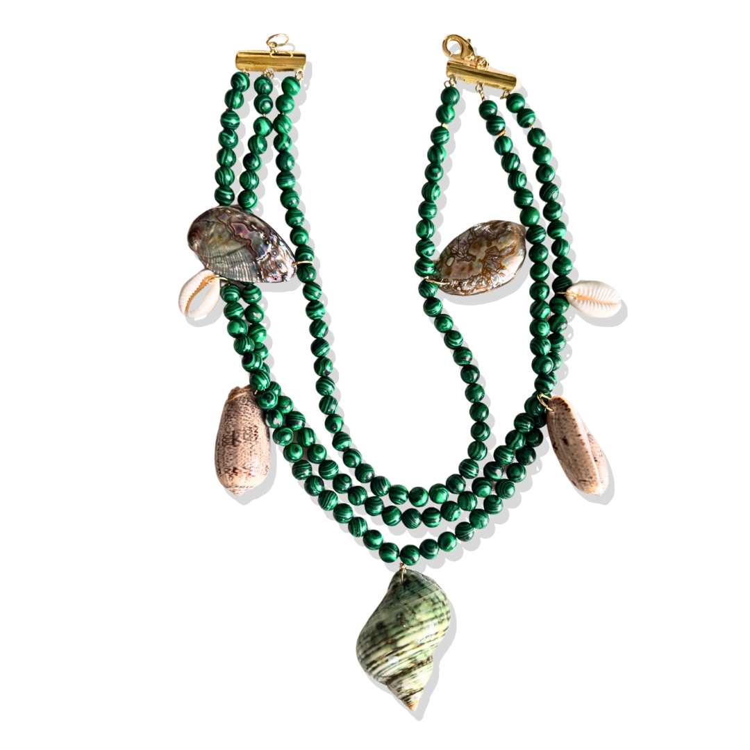 Green Malachite and Shell bead necklace with gold chain detail