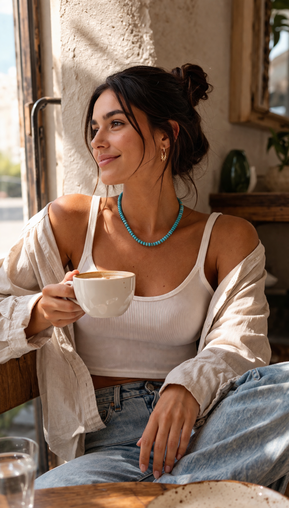 Turks and Caicos turquoise beaded necklace worn on neckline