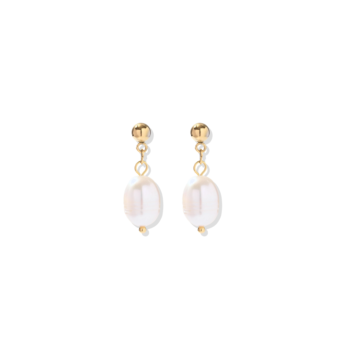 Isla Freshwater Pearl Drop Earrings pair — 18K gold plated stainless steel ball stud with real freshwater pearl drop, butterfly back closure, white background product shot