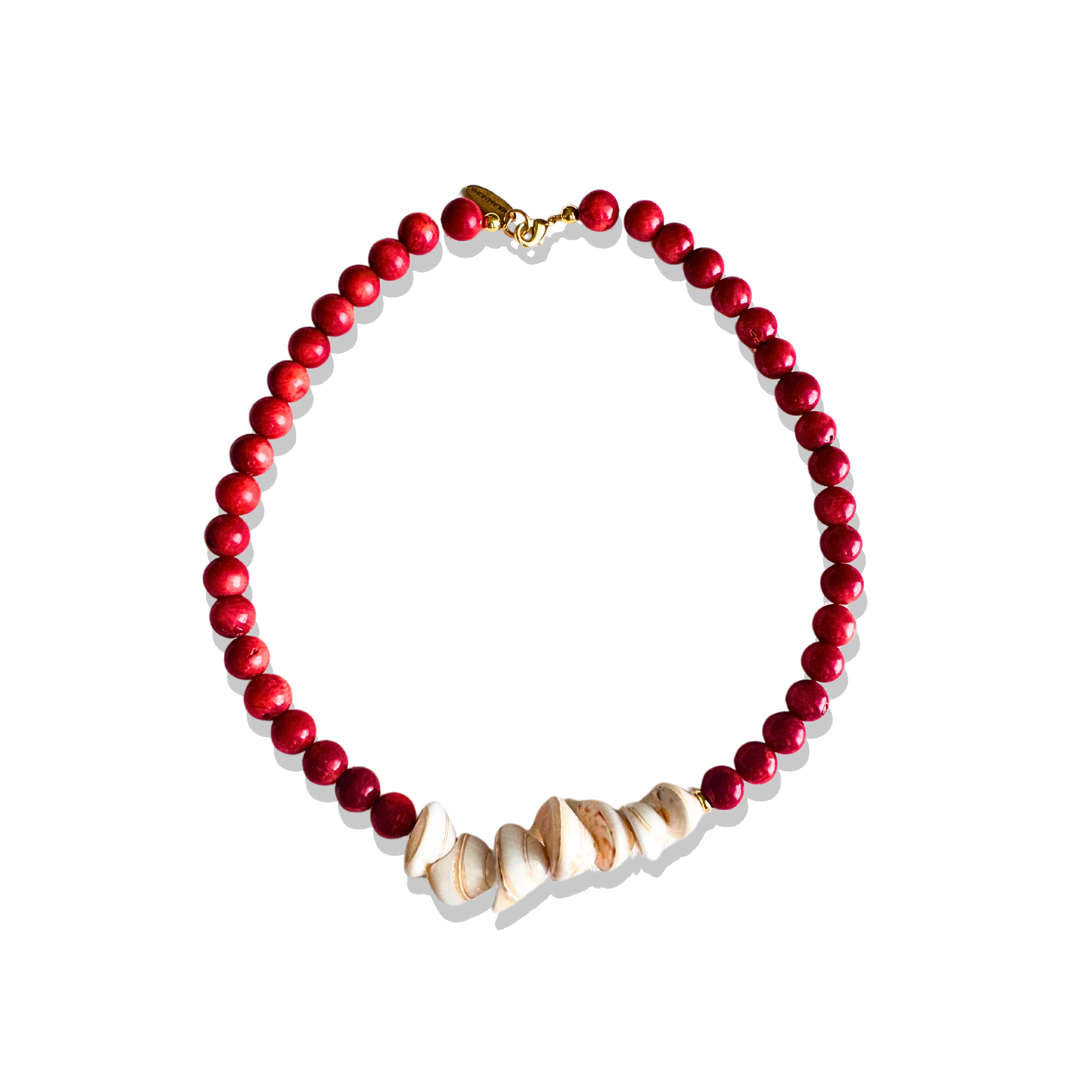 Coral and Shell layered necklace with gold accents, coastal beach style