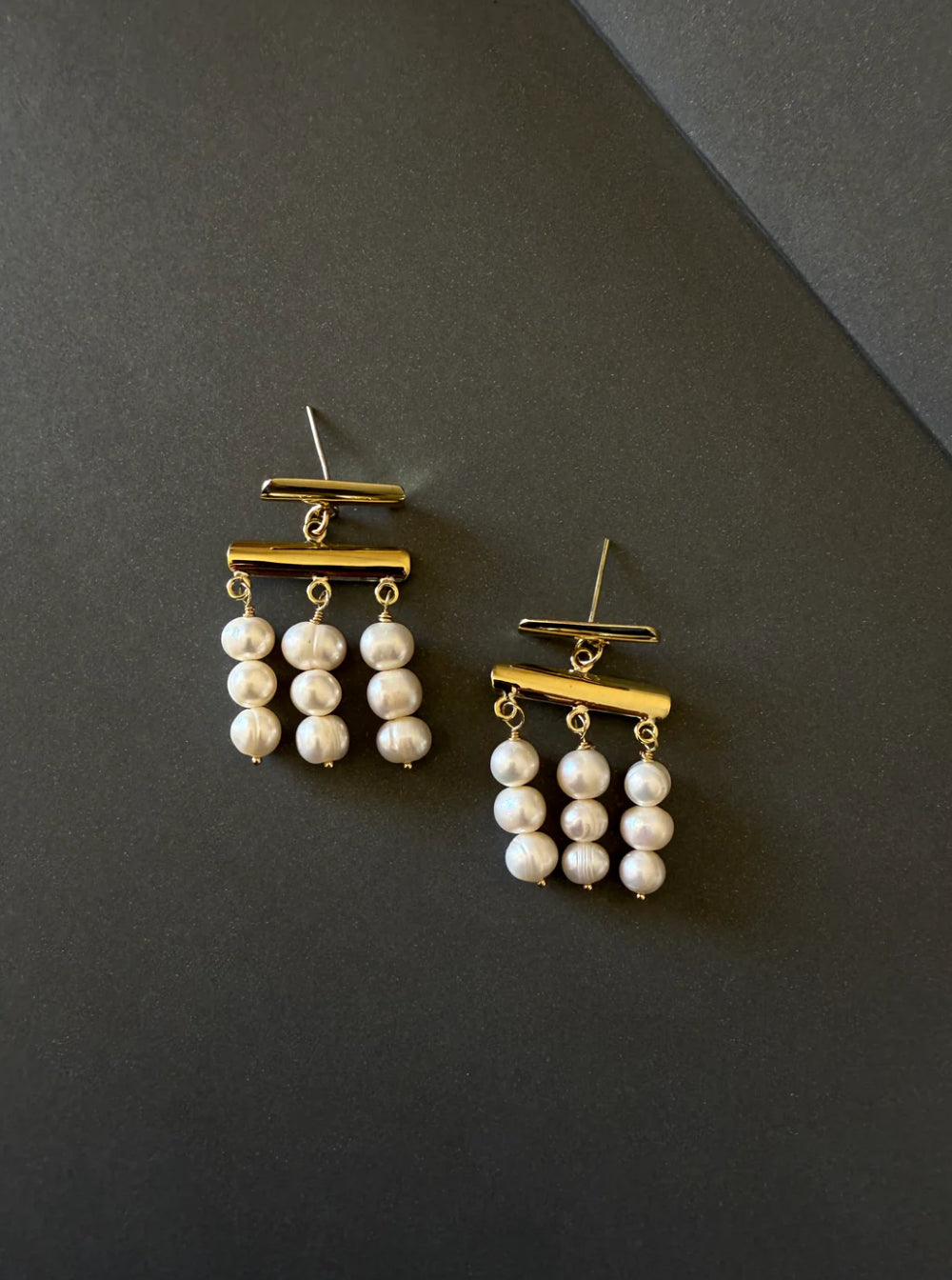 Triple pearl earrings, dainty drop earrings, gold pearl jewelry.