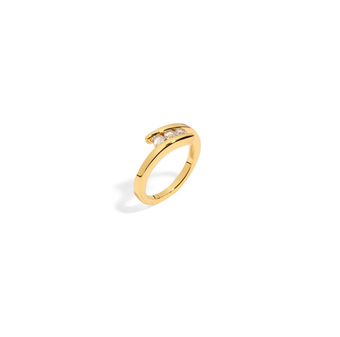 Look elegant and sophisticated with our triple sparkle gold spiral ring with zirconia! Its unique spiral design and the three zirconia stones in the middle give a modern and eye-catching touch to any outfit.