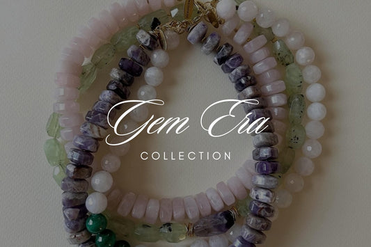 Natural gemstone beaded necklaces from the Gem Era Collection by Fanie Marie Jewelry, featuring amethyst, rose quartz, aventurine, and jade tones styled in a soft editorial layout.