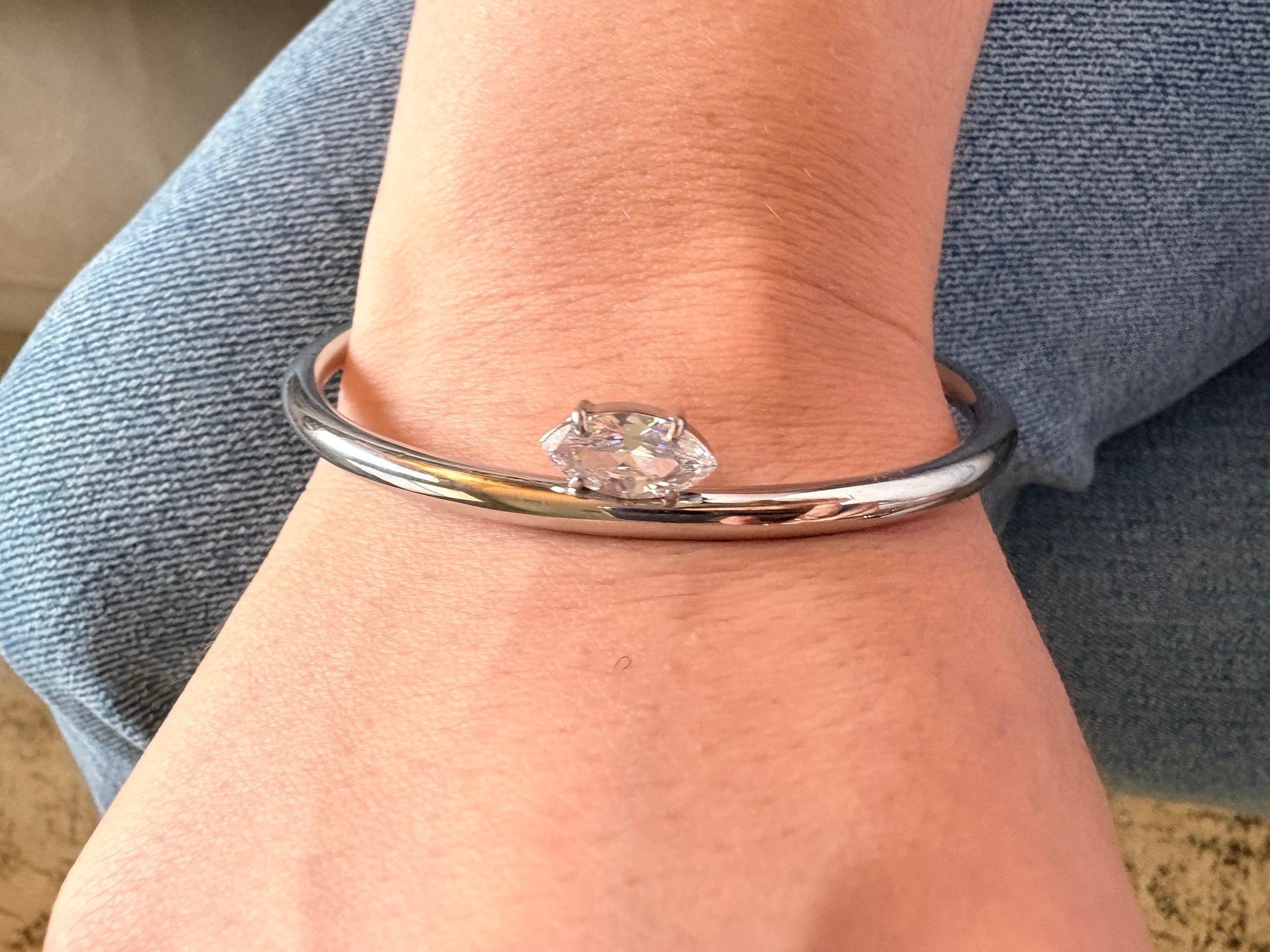 Luna marquise open bangle close-up, adjustable silver cuff