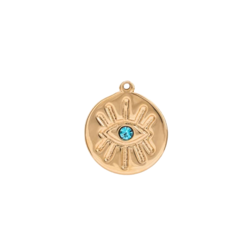 Blue Eye Evil Coin charm in 22K gold-plated finish