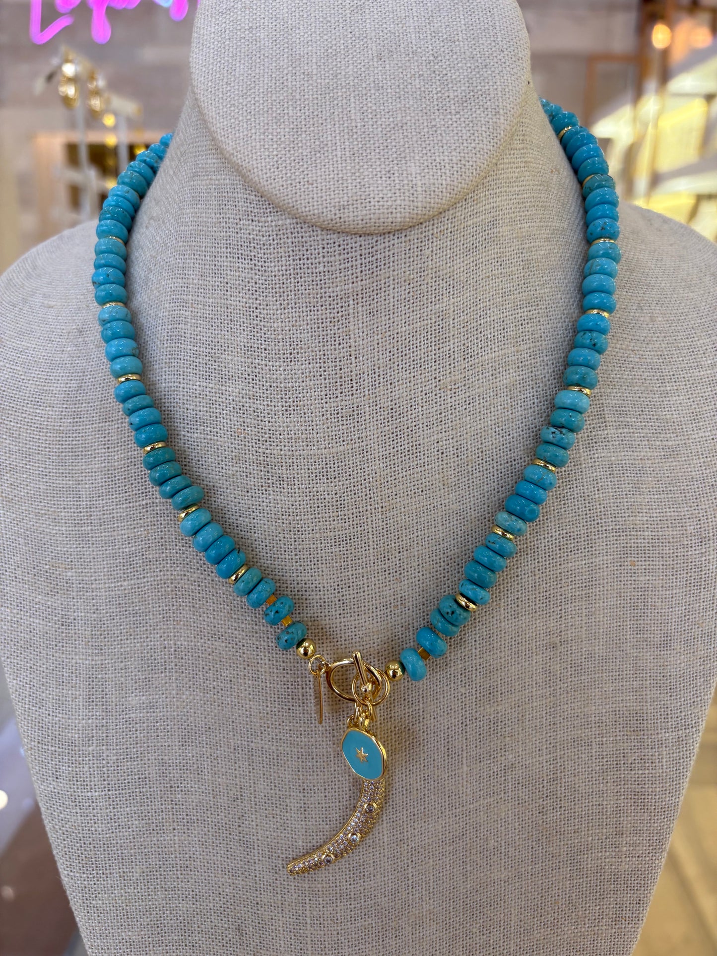 Ibiza turquoise and moon star charm necklace with genuine gemstones