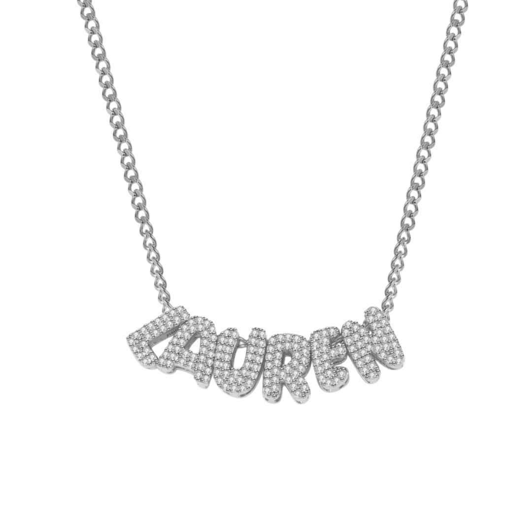 Custom silver bubble letter necklace in 24K gold plating with rhinestone letters