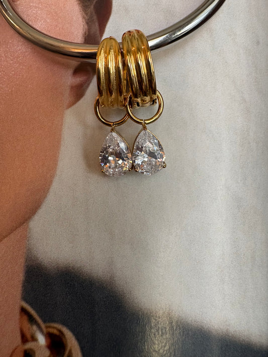 Brooke drop zircon huggie hoop earrings, pear cut, alternate angle