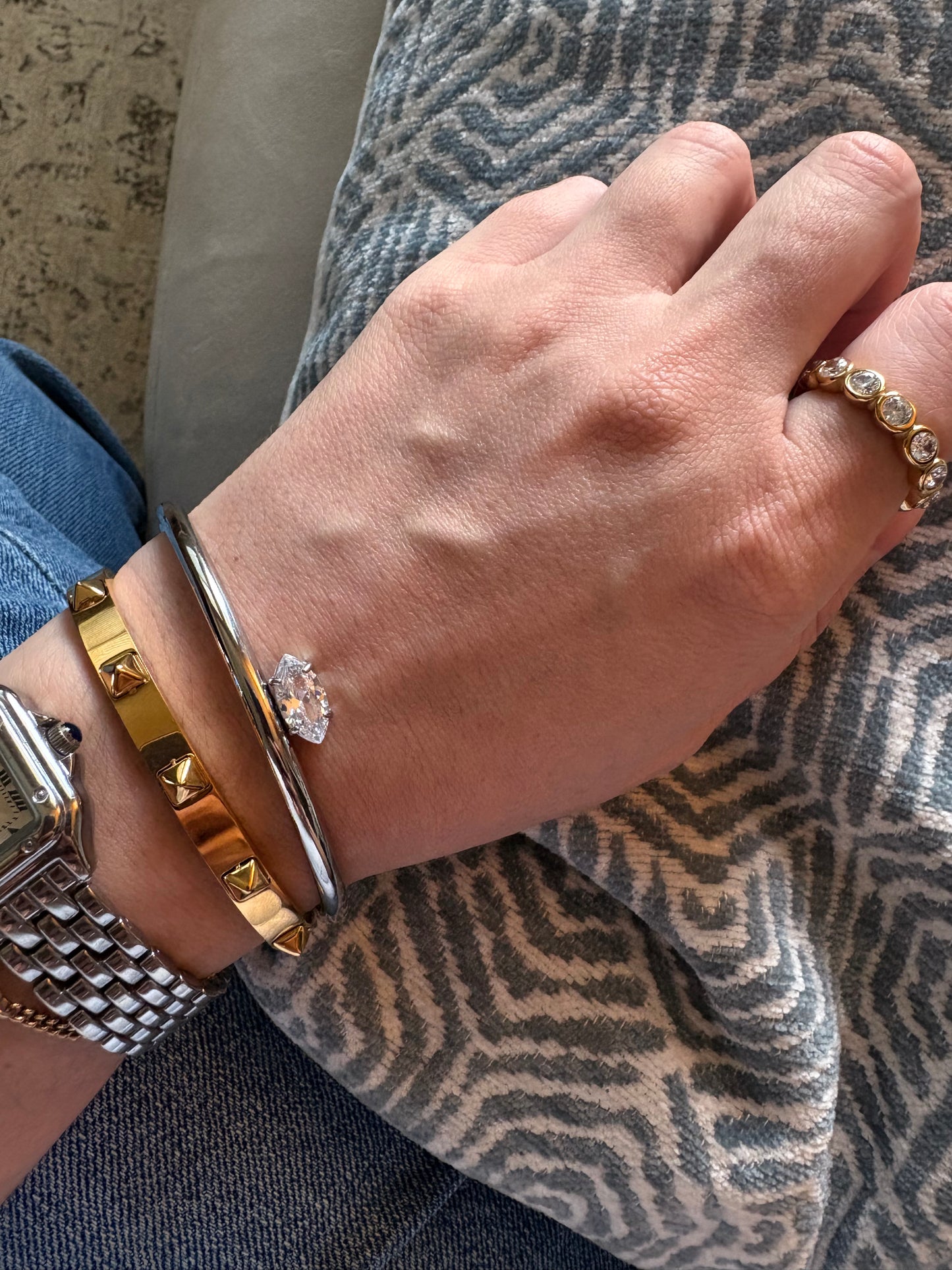 Luna marquise zircon open bangle worn on wrist showing silver cuff