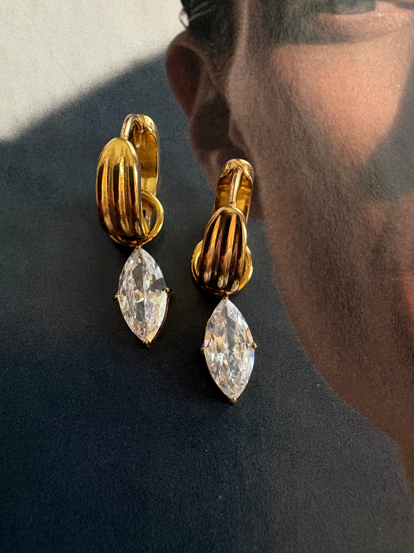 Brooke drop zircon huggie hoop earrings, marquise cut, close-up