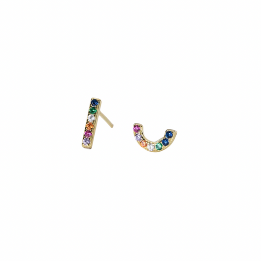 Sparkle and shine with our HAPPY RAINBOW STUDS! 

These colorful and playful earrings are sure to bring a smile to your face and brighten up any outfit. With their cheerful design, they're perfect for adding a touch of fun to your everyday look.


Happiness guaranteed!🌈


Material: 925 Sterling Silver + gold plated 18K

Measurements: line: .35 in rainbow: .30 x .17 in