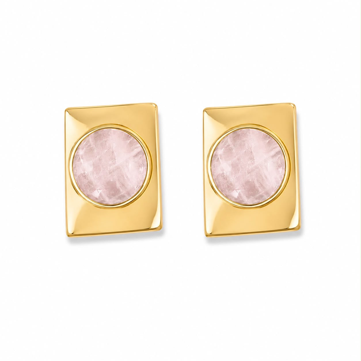 Rose quartz square stone earrings front view on white background
