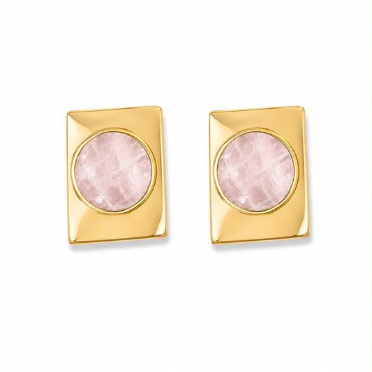 Rose quartz square stone earrings front view on white background