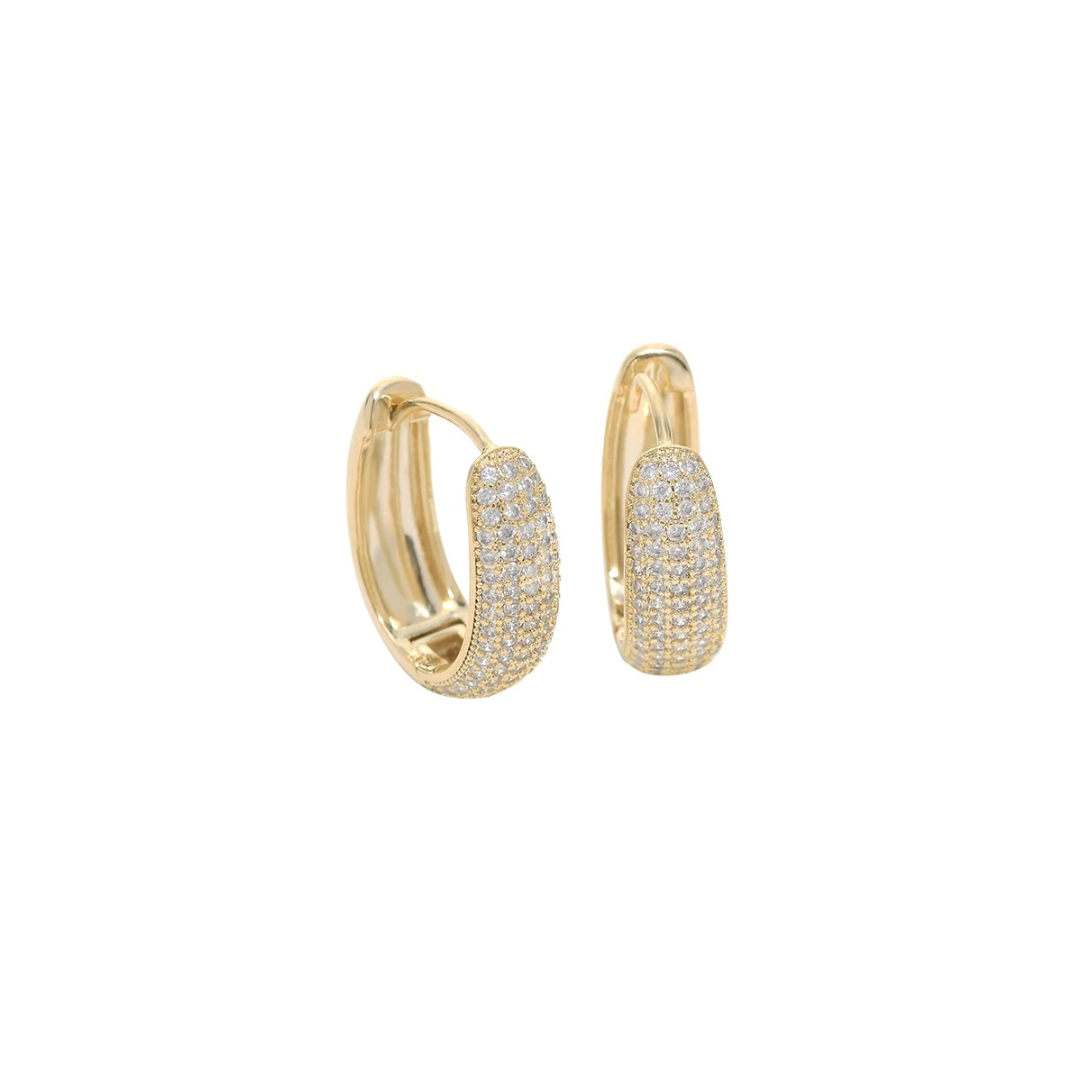 The BOLD SPARKLE GOLDEN HOOPS are eye-catching earrings designed to make a statement. Crafted with a bold and substantial hoop design, these earrings are adorned with sparkling elements, likely gemstones, crystals, or intricate detailing that adds a touch of brilliance.

Material: Brass + 14K gold plated + zirconia
Measurements: .75 x .65 in