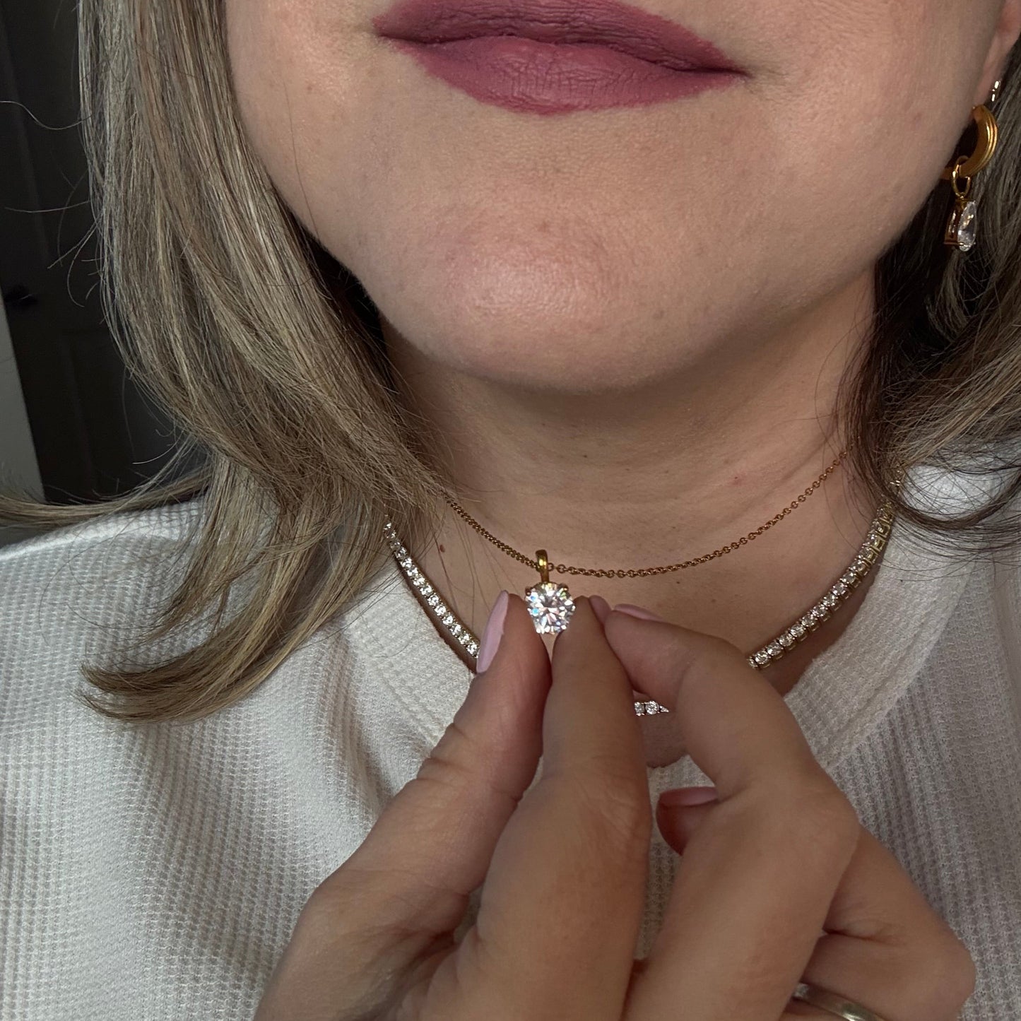 Kayla solitaire necklace worn on neck