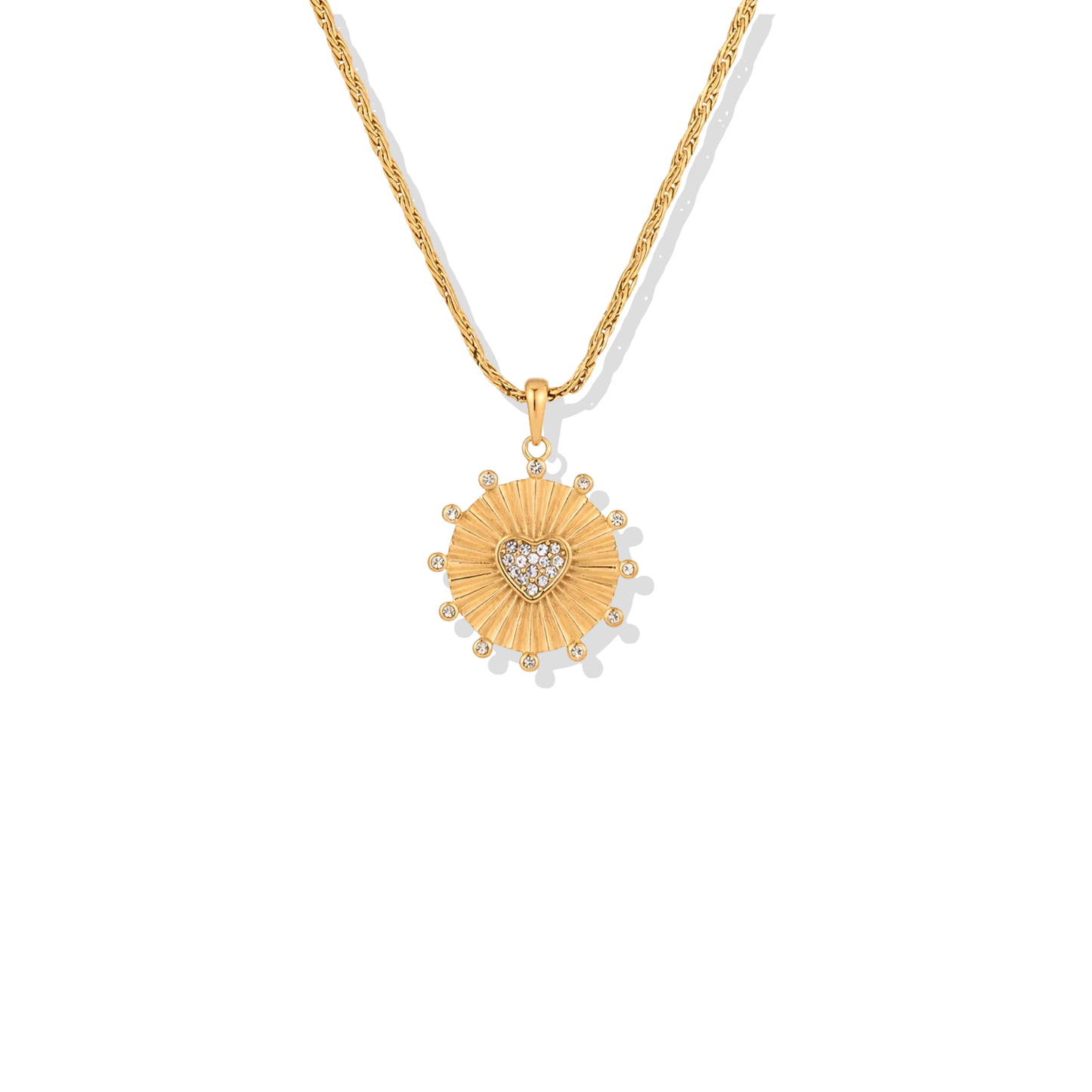 Sunburst heart pendant necklace with pave crystal heart in 18K gold-plated finish