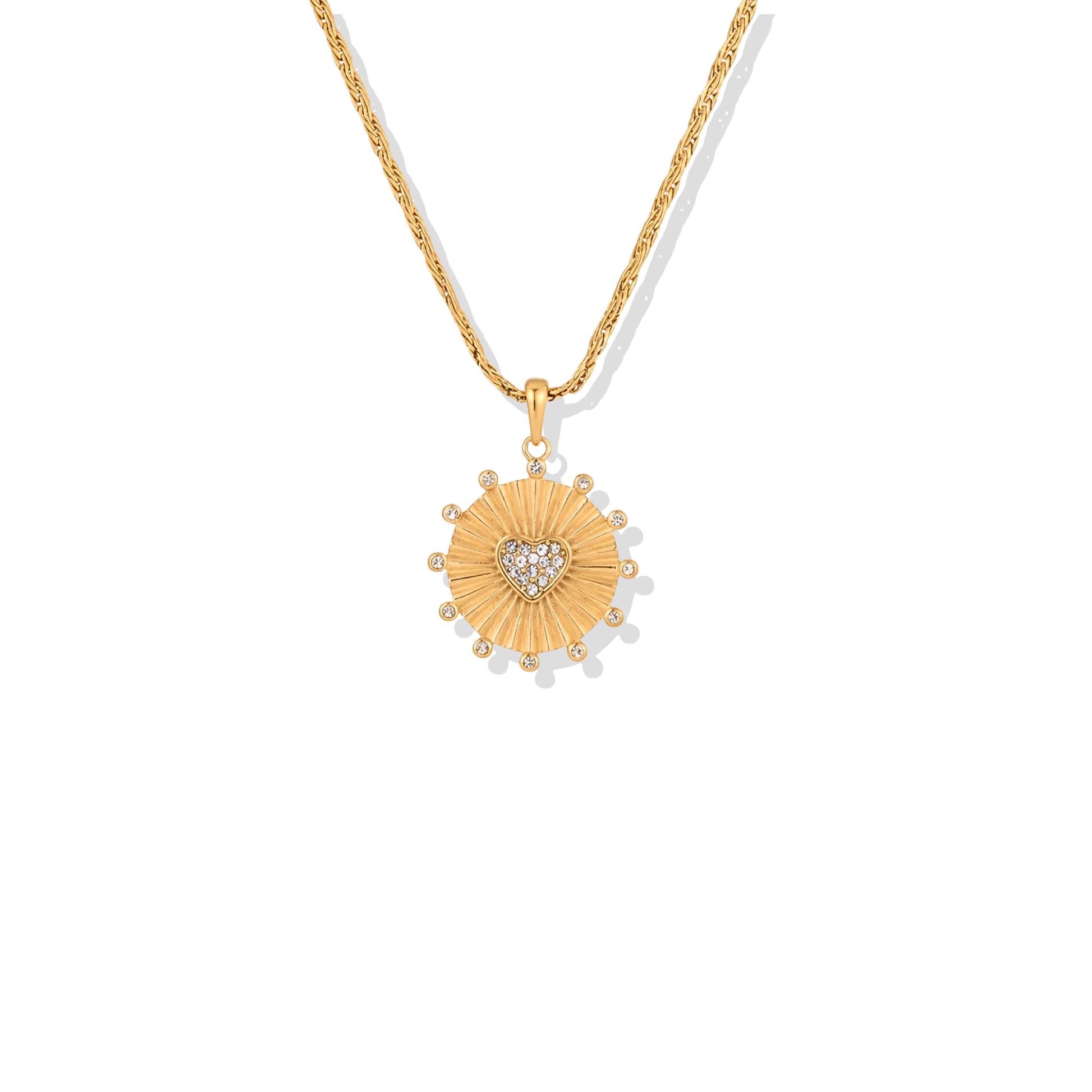 Sunburst heart pendant necklace with pave crystal heart in 18K gold-plated finish