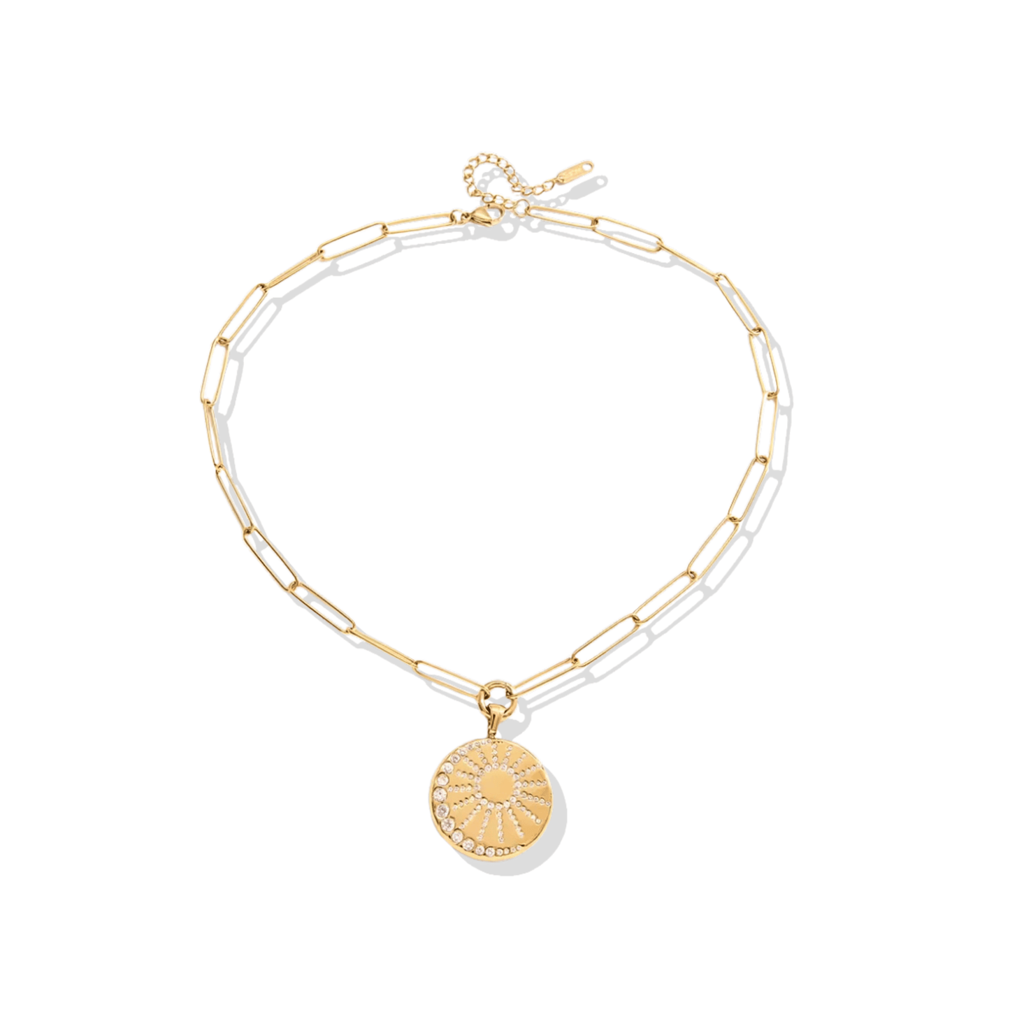 Solara sun and moon pave crystal medallion coin necklace in 18K gold-plated stainless steel
