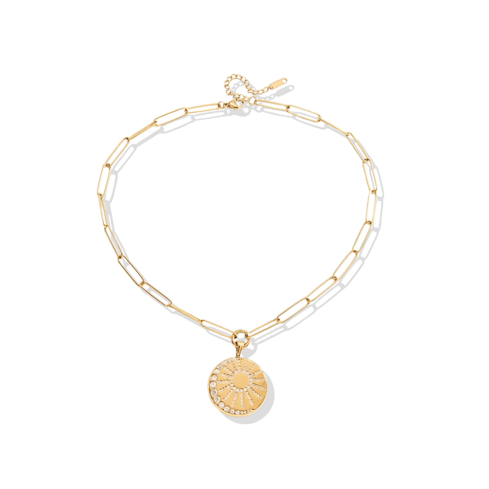 Solara sun and moon pave crystal medallion coin necklace in 18K gold-plated stainless steel