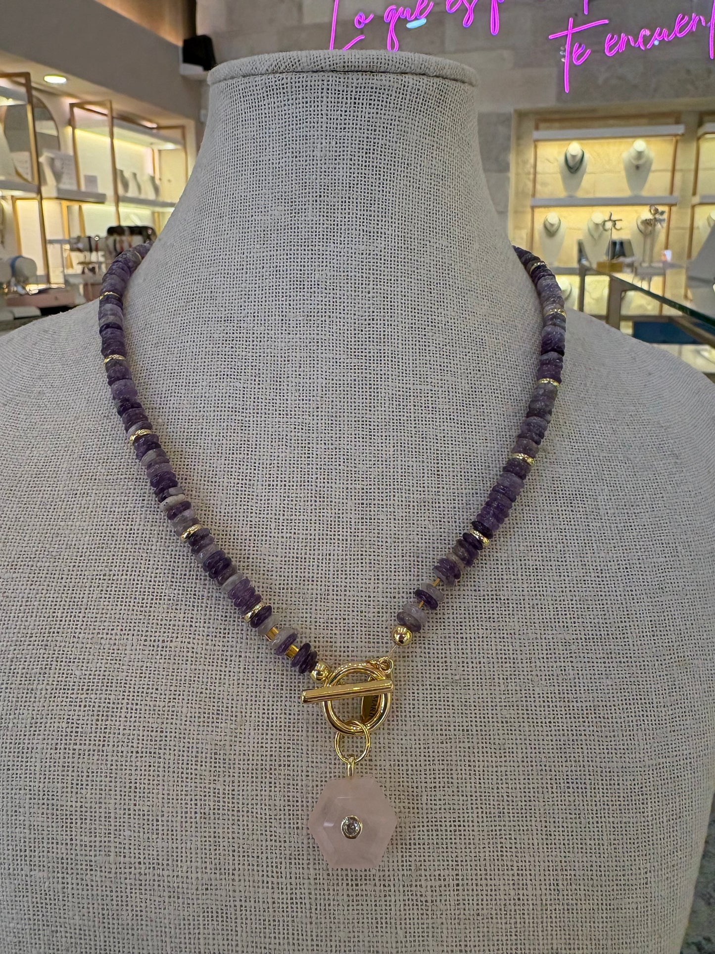 Rose quartz hexagon pendant with zirconia detail on amethyst necklace
