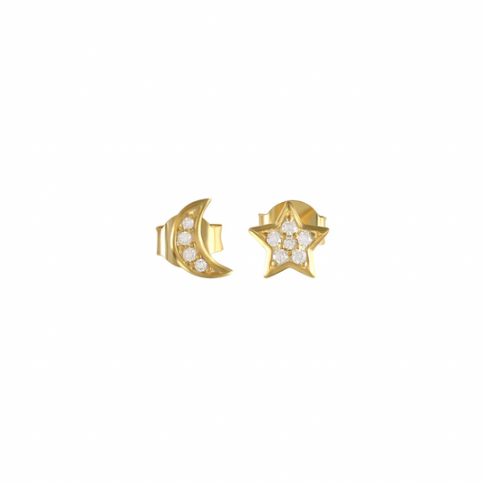 These stunning earrings feature intricate star and moon designs, crafted with expert precision. Made from high-quality materials, they are not just stylish but also durable.

Perfect for everyday wear.
Unleash the power of your YOUniverse… and look HOT doing it. 

Material: 925 Sterling Silver + gold plated 18K

Measurements: star: .25 in moon .27 x .17 in
