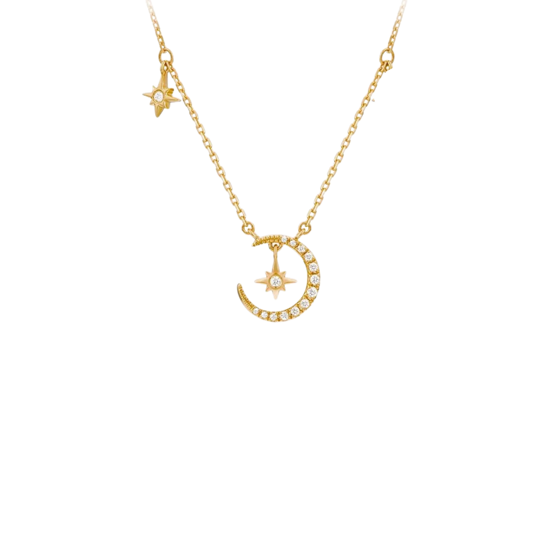 Unleash your inner goddess with our MOON DOUBLE STAR GOLDEN NECKLACE! This stunning necklace features a delicate moon and star design, adding a touch of celestial magic to any outfit. Elevate your style and shine like the stars with this unique and elegant accessory.