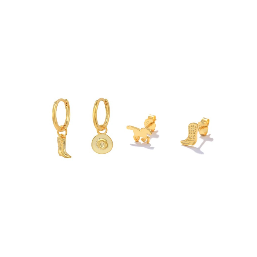 Introducing the COWGIRL GOLDEN SET, the perfect addition to your rodeo wardrobe.

Show off your cowgirl spirit with this must-have accessory.

This country-inspired set will add a touch of playful charm to any outfit. It’s perfect for any cowgirl (or cowgirl at heart!) looking to add a little sparkle to their look.


Material: 925 Sterling Silver + gold plated 18K

Measurements:  

hat hoop: .89 in x .45 in

Boot hoop: .85 in x .45 in

horse: .25 in x .15 in

boot: .20 in x .15 in