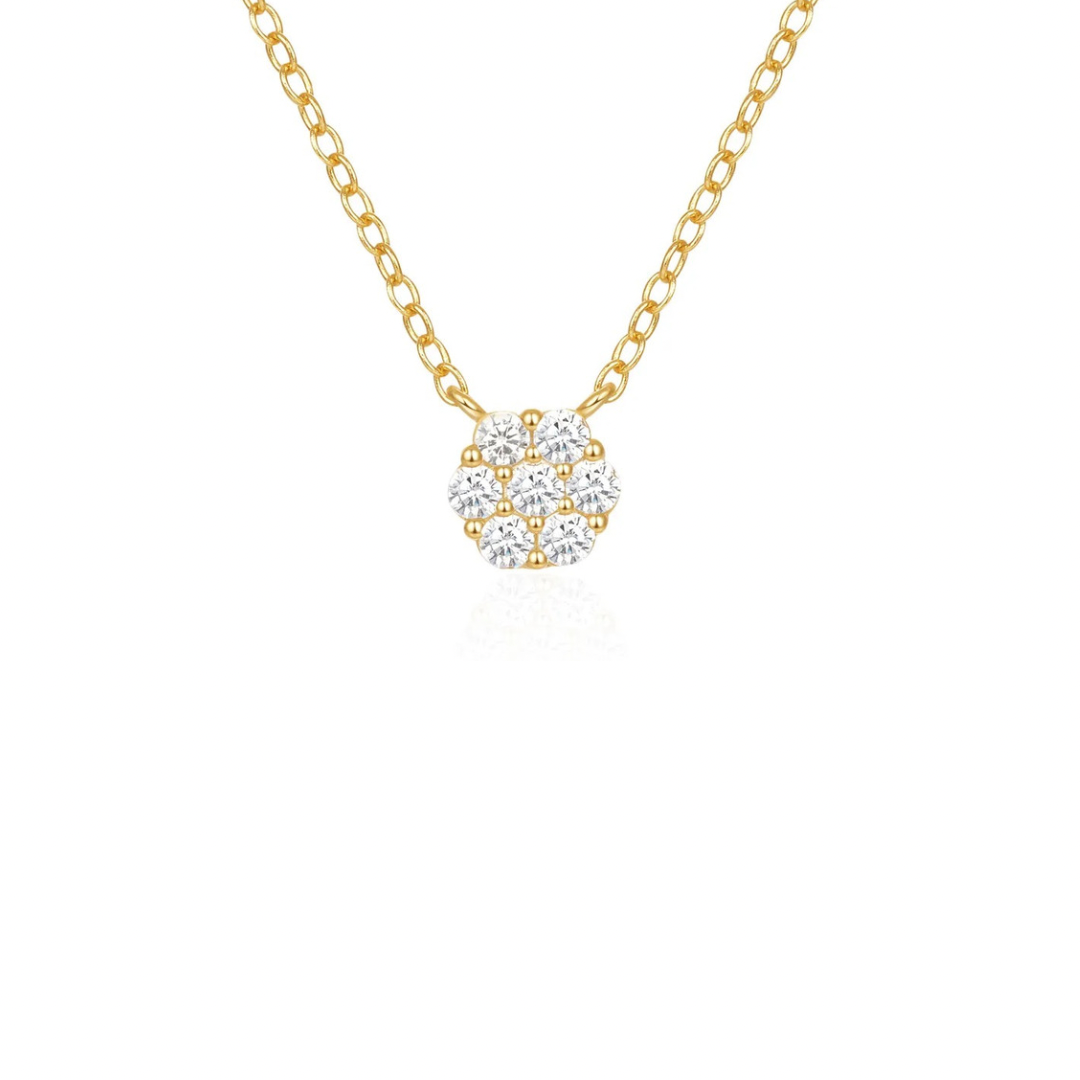 This delicate flower golden necklace features a stunning golden flower pendant, adding a touch of elegance to any outfit. 

Material: 925 Sterling Silver + gold plated 18K

measurements: 15.50 + 2.0 in pendant: .25 x .25 in