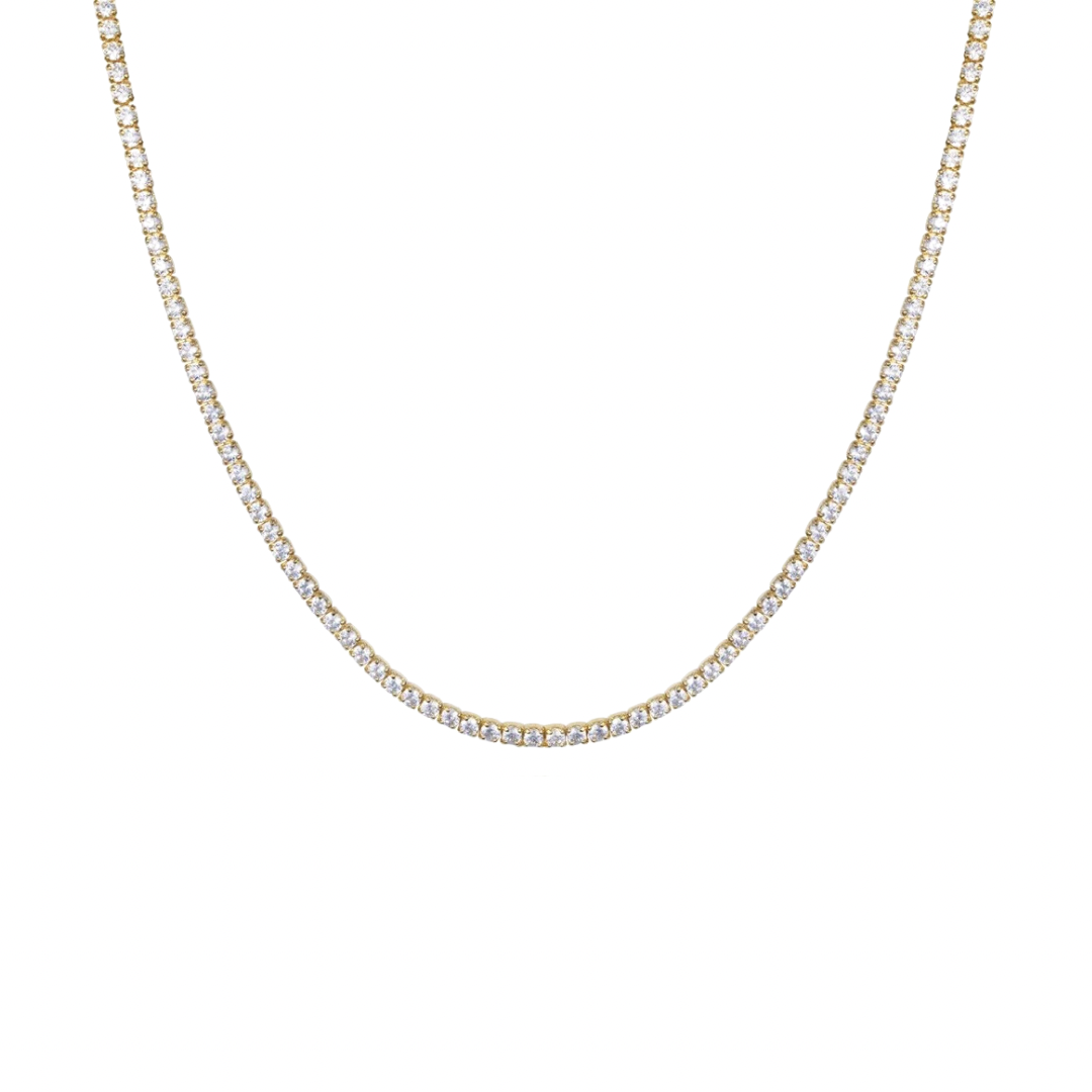 Elevate your jewelry game with our TENNIS GOLDEN NECKLACE! This classic trend will add a touch of elegance to any outfit. A must-have accessory for any fashion-forward individual.

Classic, classic, classic. Everyone needs the perfect tennis necklace in their layering game.

Material: Sterling silver .925 + 18K gold plated

Measurements: 16.5 in thickness: .10 in