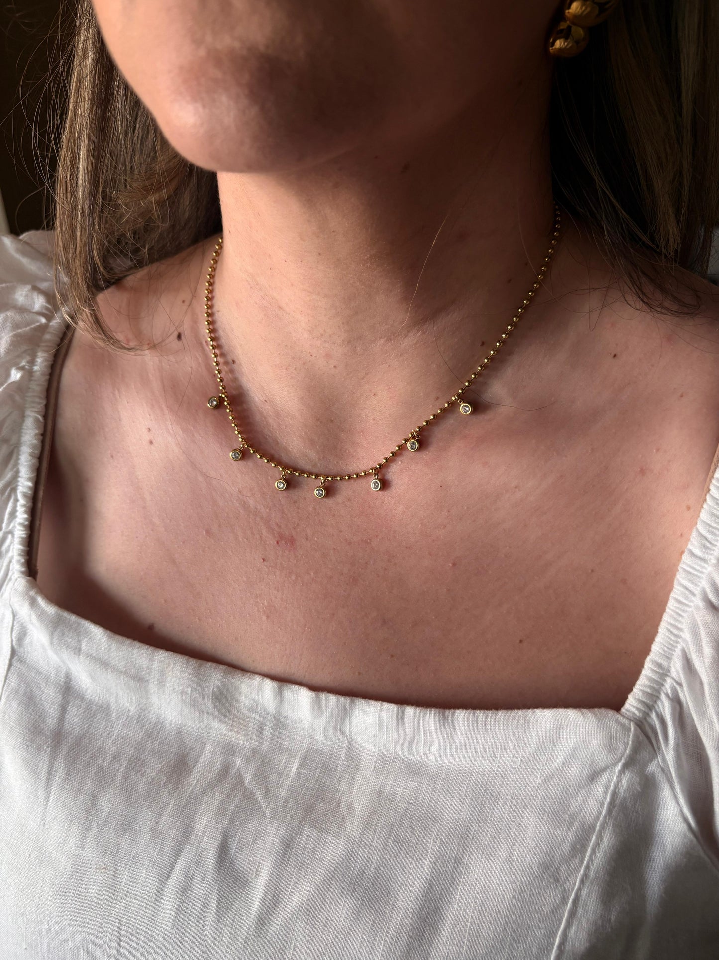 Marielle gold zircon station drop necklace, 7 bezel-set zircon drops on ball chain